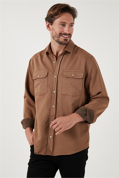 Pamuklu Çift Cepli Regular Fit Erkek Gömlek CF25W128858 CAMEL