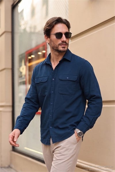 Pamuklu Çift Cepli Regular Fit Erkek Gömlek CF25W128858 İNDİGO