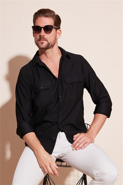 Pamuklu Çift Cepli Uzun Kollu Regular Fit Kışlık Erkek Gömlek CF24W127221 SİYAH