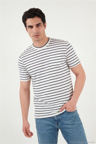 Pamuklu Çizgili Cep Detaylı Bisiklet Yaka Erkek T Shirt 5904057 İNDİGO
