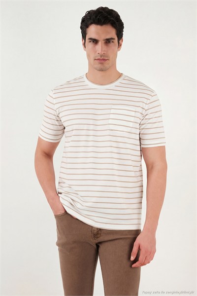 Pamuklu Çizgili Cep Detaylı Bisiklet Yaka Erkek T Shirt 5904057 VİZON