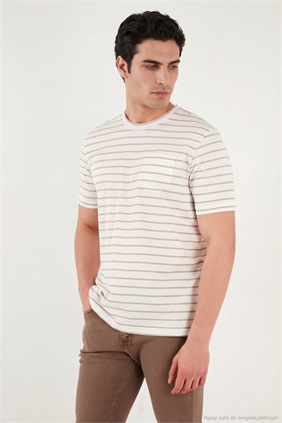 Pamuklu Çizgili Cep Detaylı Bisiklet Yaka Erkek T Shirt 5904057 VİZON