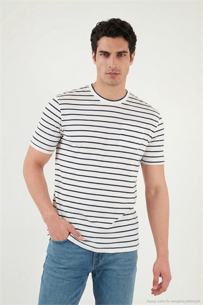 Pamuklu Çizgili Cep Detaylı Bisiklet Yaka Erkek T Shirt 5904057 İNDİGO