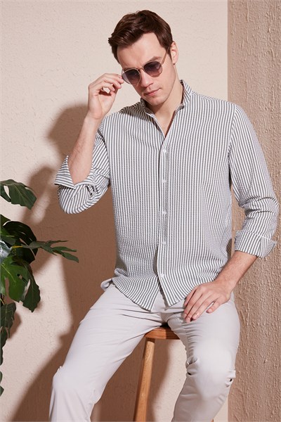 Pamuklu Çizgili Düğmeli Yaka Uzun Kollu Regular Fit Erkek Gömlek CF23S112237 HAKİ-BEYAZ