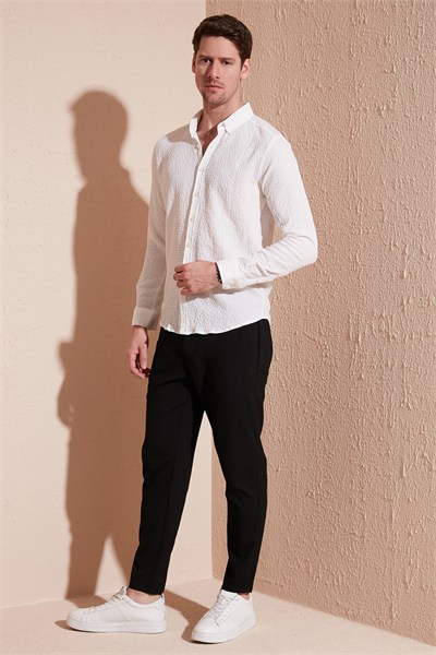 Pamuklu Çizgili Düğmeli Yaka Uzun Kollu Regular Fit Erkek Gömlek CF23S112237 BEYAZ