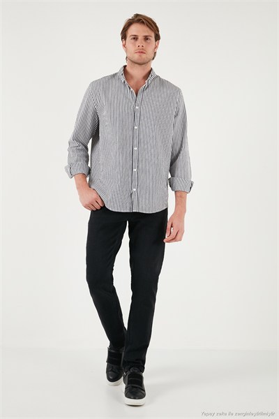 Pamuklu Çizgili Düğmeli Yaka Uzun Kollu Regular Fit Erkek Gömlek CF23S112237 LACİVERT-BEYAZ