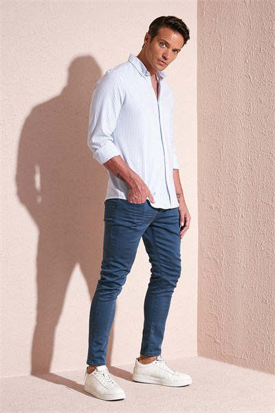 Pamuklu Çizgili Düğmeli Yaka Uzun Kollu Regular Fit Erkek Gömlek CF23S112237 MAVİ-BEYAZ