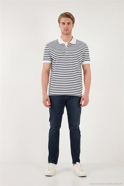 Pamuklu Çizgili Kısa Kollu Düğmeli Erkek Polo T Shirt 5904046 İNDİGO