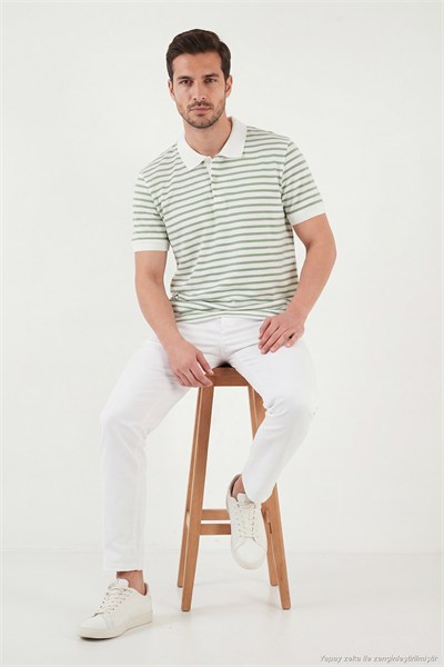 Pamuklu Çizgili Kısa Kollu Düğmeli Erkek Polo T Shirt 5904046 Elma