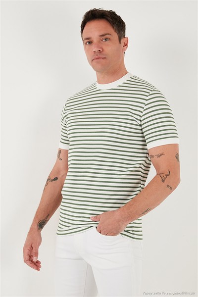 Pamuklu Çizgili Regular Fit Bisiklet Yaka Erkek T Shirt 5903005 ELMA YEŞİLİ