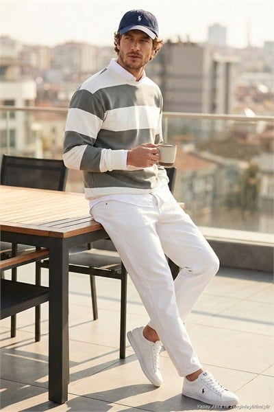 Pamuklu Çizgili Regular Fit Bisiklet Yaka Erkek Sweat 5905790 AÇIK HAKİ