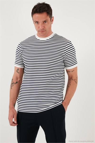 Pamuklu Çizgili Regular Fit Bisiklet Yaka Erkek T Shirt 5903005 İNDİGO