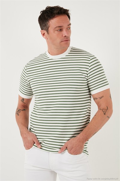 Pamuklu Çizgili Regular Fit Bisiklet Yaka Erkek T Shirt 5903005 ELMA YEŞİLİ