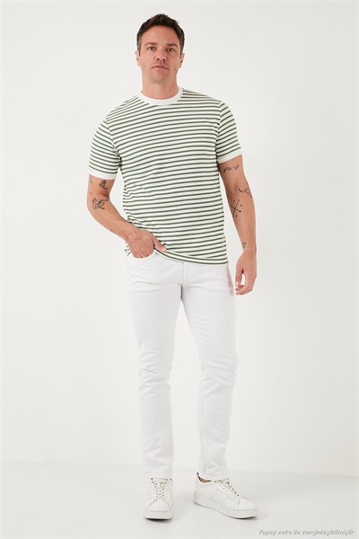 Pamuklu Çizgili Regular Fit Bisiklet Yaka Erkek T Shirt 5903005 ELMA YEŞİLİ