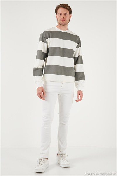 Pamuklu Çizgili Regular Fit Bisiklet Yaka Erkek Sweat 5905790 AÇIK HAKİ