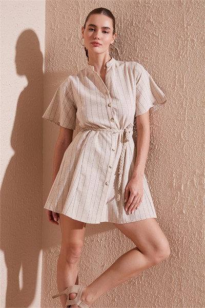 Pamuklu Çizgili Regular Fit Mini Kadın Elbise 611EL377 VİZON