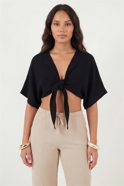 Pamuklu Comfort Fit Bağlamalı Yarasa Kol Kadın Bolero 5866354 SİYAH