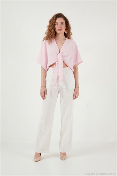 Pamuklu Comfort Fit Bağlamalı Yarasa Kol Kadın Bolero 5866354 PEMBE