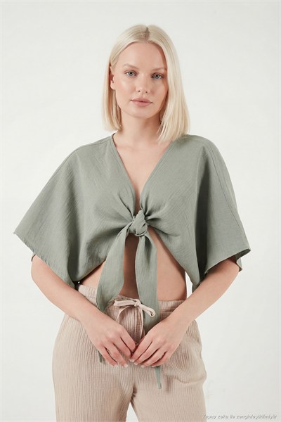 Pamuklu Comfort Fit Bağlamalı Yarasa Kol Kadın Bolero 5866354 Olive