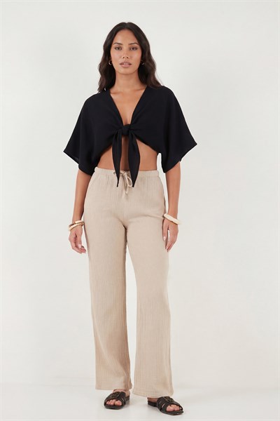 Pamuklu Comfort Fit Bağlamalı Yarasa Kol Kadın Bolero 5866354 SİYAH