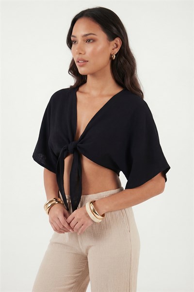Pamuklu Comfort Fit Bağlamalı Yarasa Kol Kadın Bolero 5866354 SİYAH