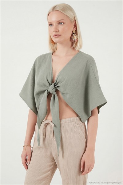 Pamuklu Comfort Fit Bağlamalı Yarasa Kol Kadın Bolero 5866354 Olive