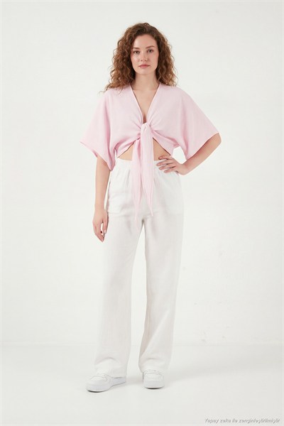 Pamuklu Comfort Fit Bağlamalı Yarasa Kol Kadın Bolero 5866354 PEMBE
