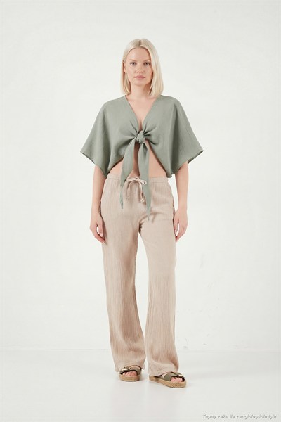 Pamuklu Comfort Fit Bağlamalı Yarasa Kol Kadın Bolero 5866354 Olive