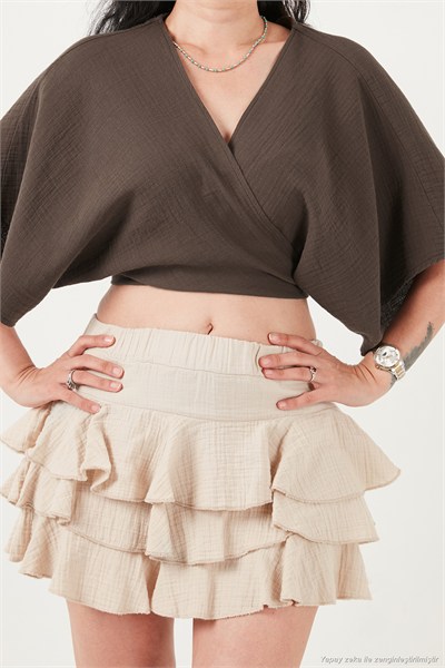 Pamuklu Comfort Fit Bağlamalı Yarasa Kol Kadın Bolero 5866354 KAHVE