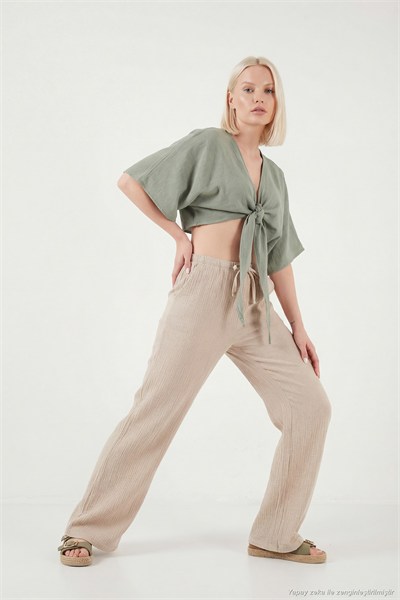 Pamuklu Comfort Fit Bağlamalı Yarasa Kol Kadın Bolero 5866354 Olive