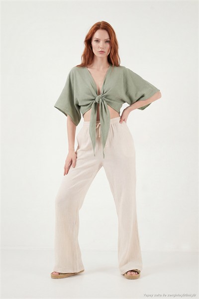 Pamuklu Comfort Fit Yüksek Bel Geniş Paça Kadın Pantolon 668YP5540 TAŞ