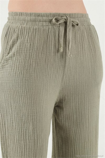 Pamuklu Comfort Fit Yüksek Bel Geniş Paça Kadın Pantolon 668YP5540 AÇIK HAKİ