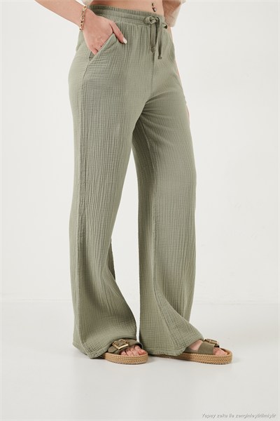Pamuklu Comfort Fit Yüksek Bel Geniş Paça Kadın Pantolon 668YP5540 AÇIK HAKİ