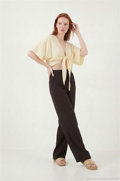 Pamuklu Comfort Fit Yüksek Bel Geniş Paça Kadın Pantolon 668YP5540 KAHVE