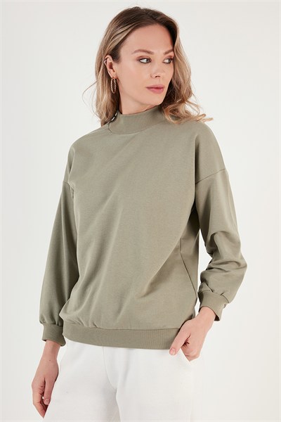 Pamuklu Dik Yaka Basic Örme Kadın Sweat 5863323 Olive