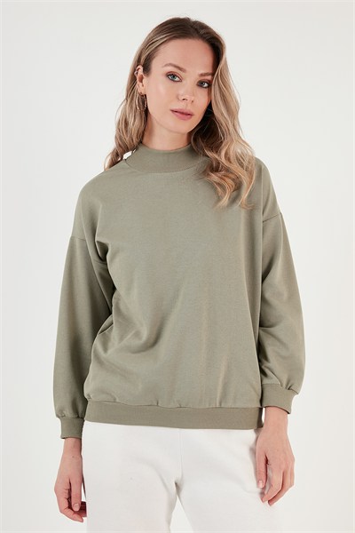 Pamuklu Dik Yaka Basic Örme Kadın Sweat 5863323 Olive