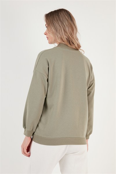 Pamuklu Dik Yaka Basic Örme Kadın Sweat 5863323 Olive