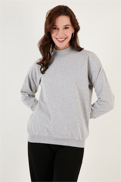 Pamuklu Dik Yaka Basic Örme Kadın Sweat 5863323 GRİ MELANJ