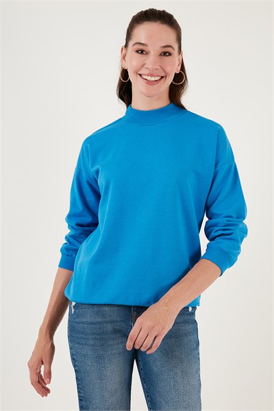 Pamuklu Dik Yaka Basic Örme Kadın Sweat 5863323 TURKUAZ