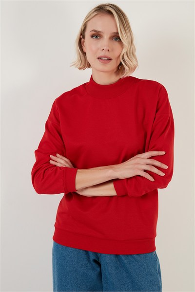 Pamuklu Dik Yaka Basic Örme Kadın Sweat 5863323 KIRMIZI