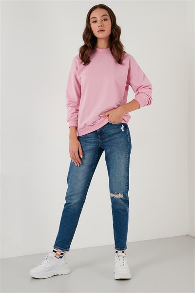 Pamuklu Dik Yaka Basic Örme Kadın Sweat 5863323 PEMBE