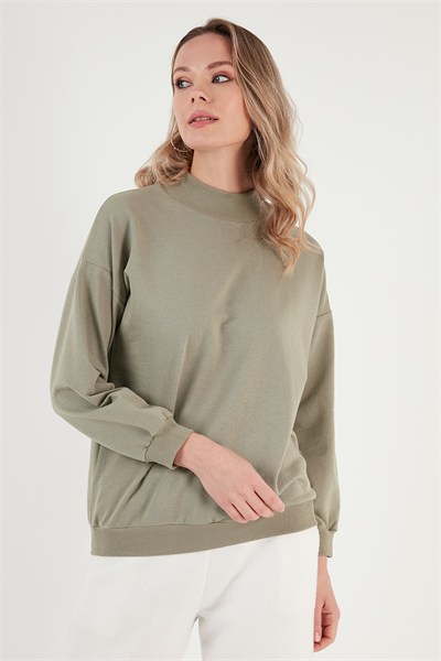 Pamuklu Dik Yaka Basic Örme Kadın Sweat 5863323 Olive