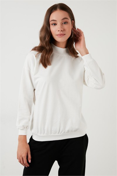 Pamuklu Dik Yaka Basic Örme Kadın Sweat 5863323 EKRU