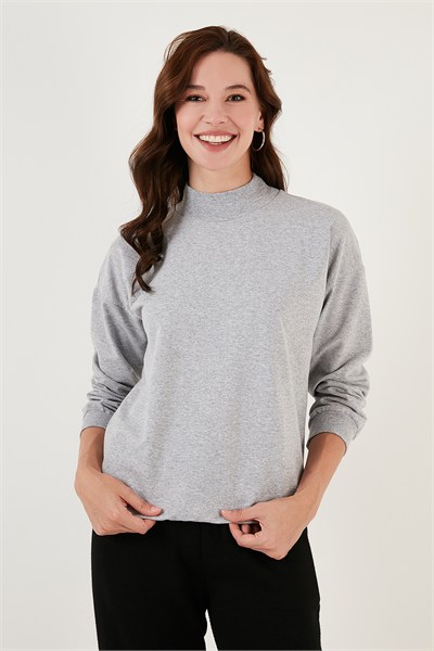 Pamuklu Dik Yaka Basic Örme Kadın Sweat 5863323 GRİ MELANJ