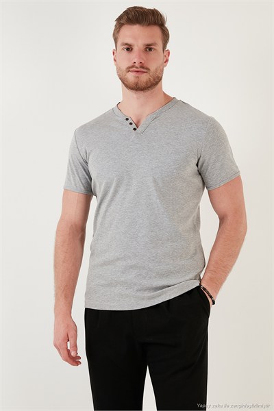 Pamuklu Düğme Detaylı Regular Fit V Yaka 3lü Paket Erkek T Shirt 5902122S3 Açık Mavi-Gri Melanj-Taş