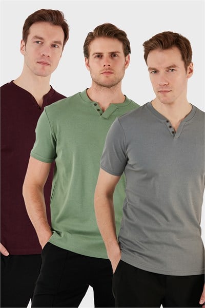 Pamuklu Düğme Detaylı Regular Fit V Yaka 3lü Paket Erkek T Shirt 5902122S3 Elma Yeşili-Vişne-Açık Haki