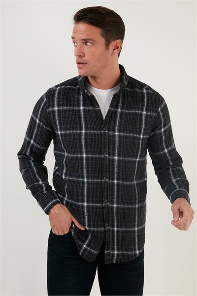 Pamuklu Ekoseli Slim Fit Kışlık Erkek Gömlek CF23W114662 LACİVERT