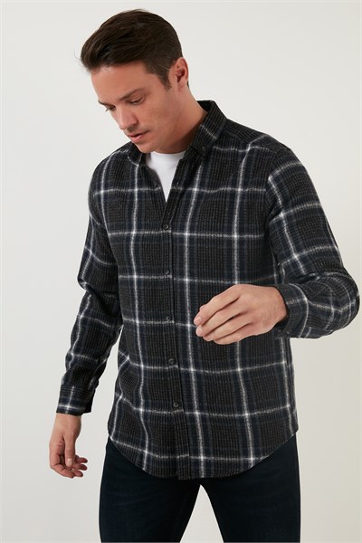 Pamuklu Ekoseli Slim Fit Kışlık Erkek Gömlek CF23W114662 LACİVERT