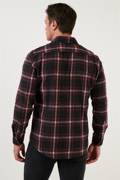 Pamuklu Ekoseli Slim Fit Kışlık Erkek Gömlek CF23W114662 BORDO