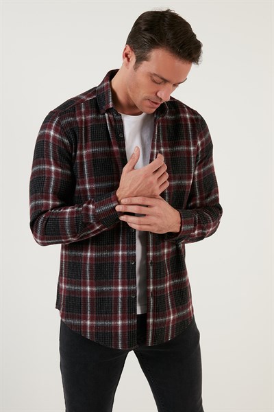 Pamuklu Ekoseli Slim Fit Kışlık Erkek Gömlek CF23W114662 BORDO